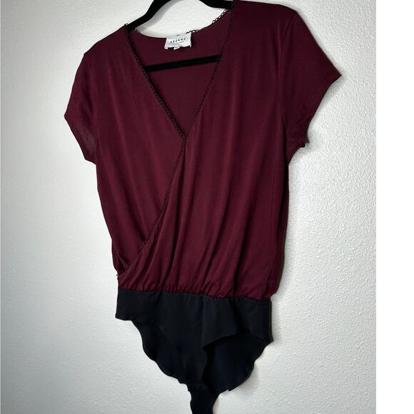 Sezane Burgundy & Black Thibault Bodysuit Crossover Neckline Short Sleeve - Picture 3 of 13